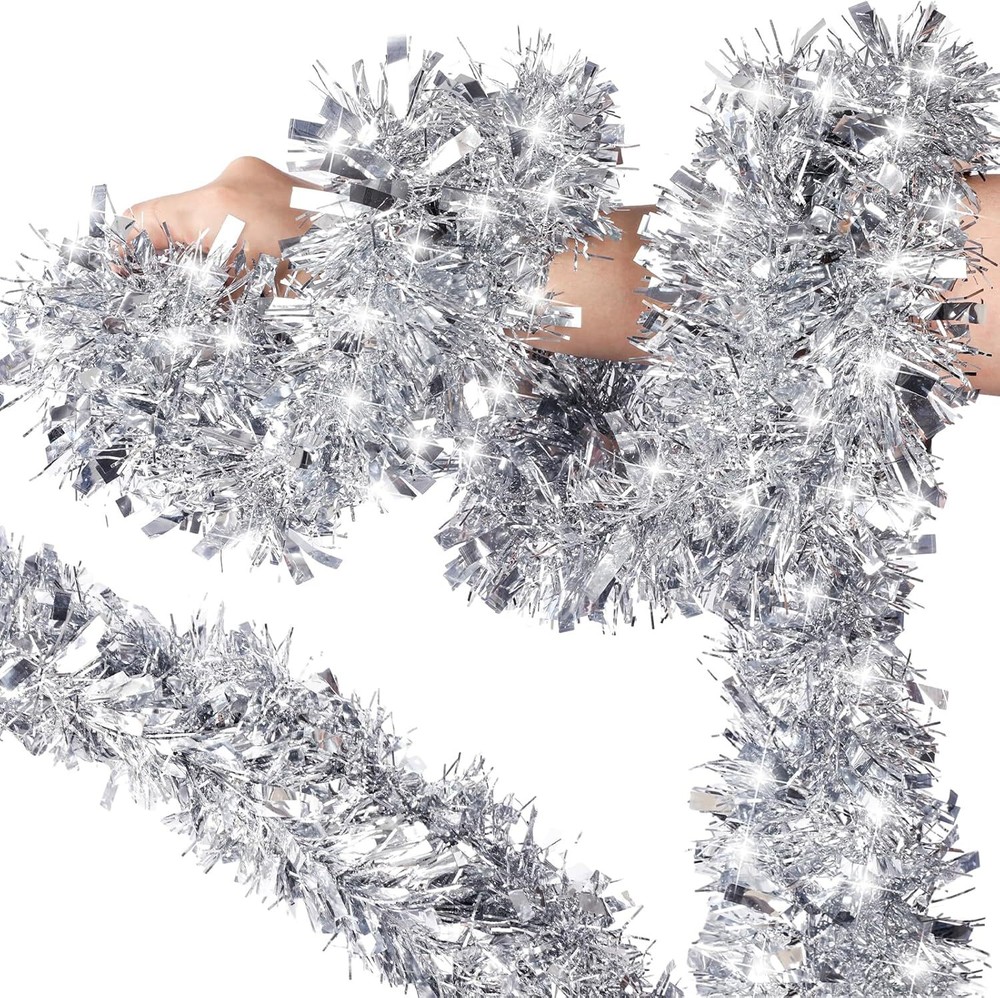 VESPRO 59 Feet Christmas Tinsel Garland Metallic Silver, Silver