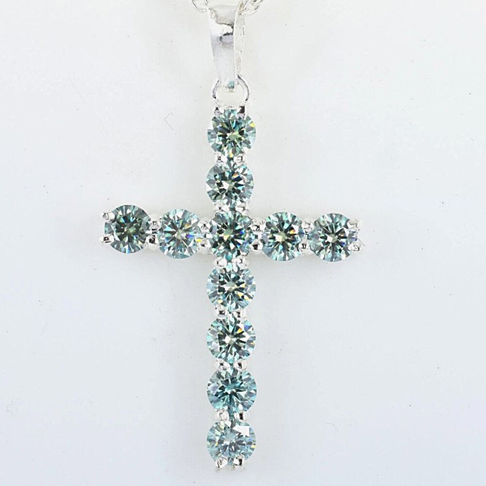 5.50 Ct Certified Round Cut Blue Diamond Cross In 925 Silver Pendant For Gift