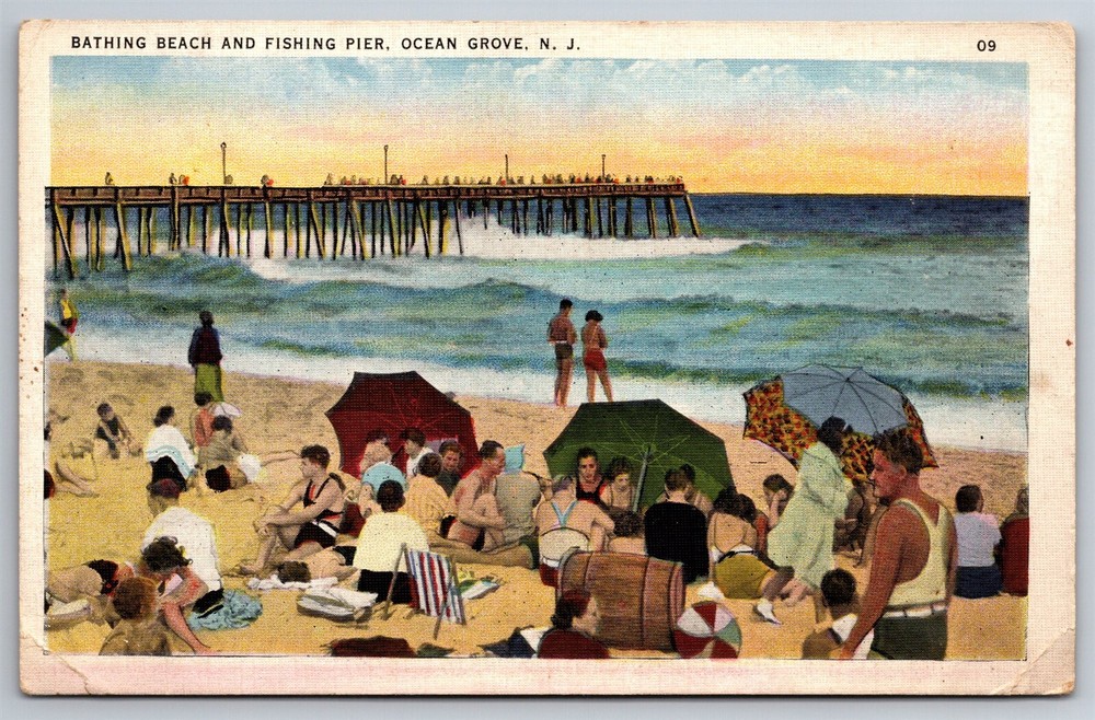 Vintage 1940 Ocean Grove NJ Beach Fishing Pier Surf Umbrellas Postcard