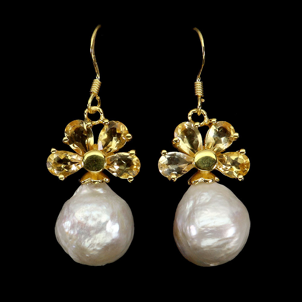 925 Sterling Silver Pear Citrine Earrings with 6x4mm Natural Gemstone Pearl