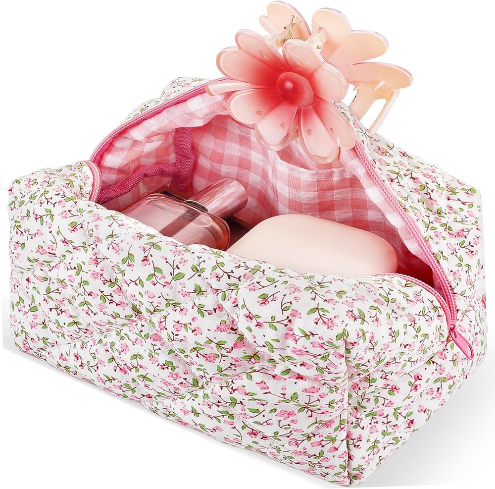 Quilted Floral Pink Puffy Makeup Bag Large Cute Cotton Cosmetic Pouch