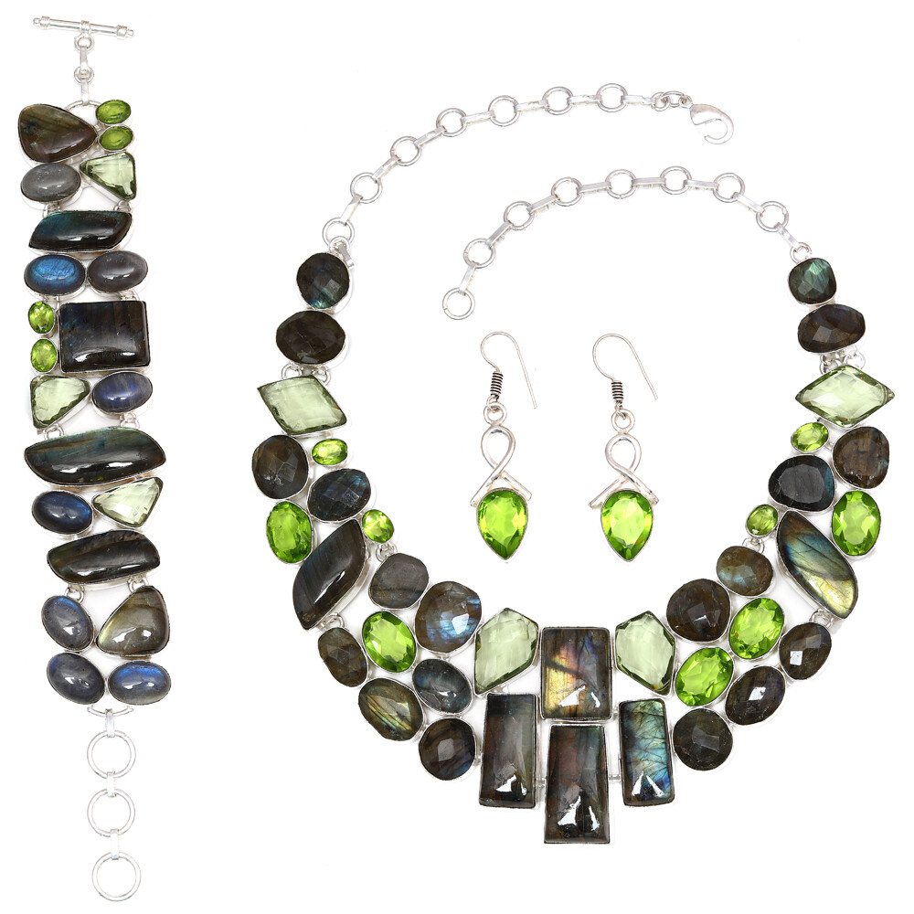 Shiney Labrodorite  Peridot Quartz Jewelry Necklace Set 16-18''