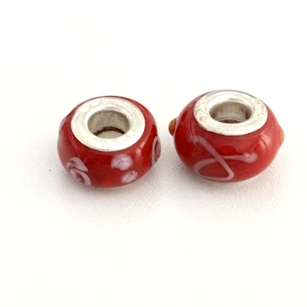 925 Sterling Silver Pink Cherry Red Spots Murano Glass European Charms Pair
