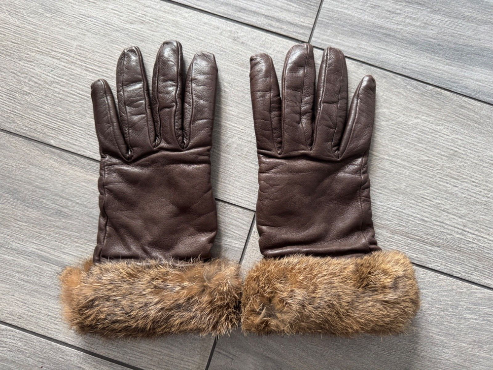 Bloomingdales Womens Brown Leather Gloves with Fur Trim & Cashmere Lining Size 7.5 EUC