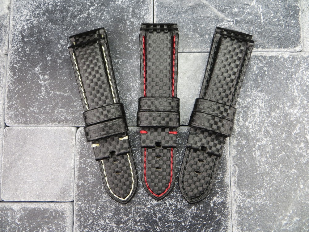 24mm Black Carbon Fiber Leather Strap Large Long Deployment Watch Band PANERAI P