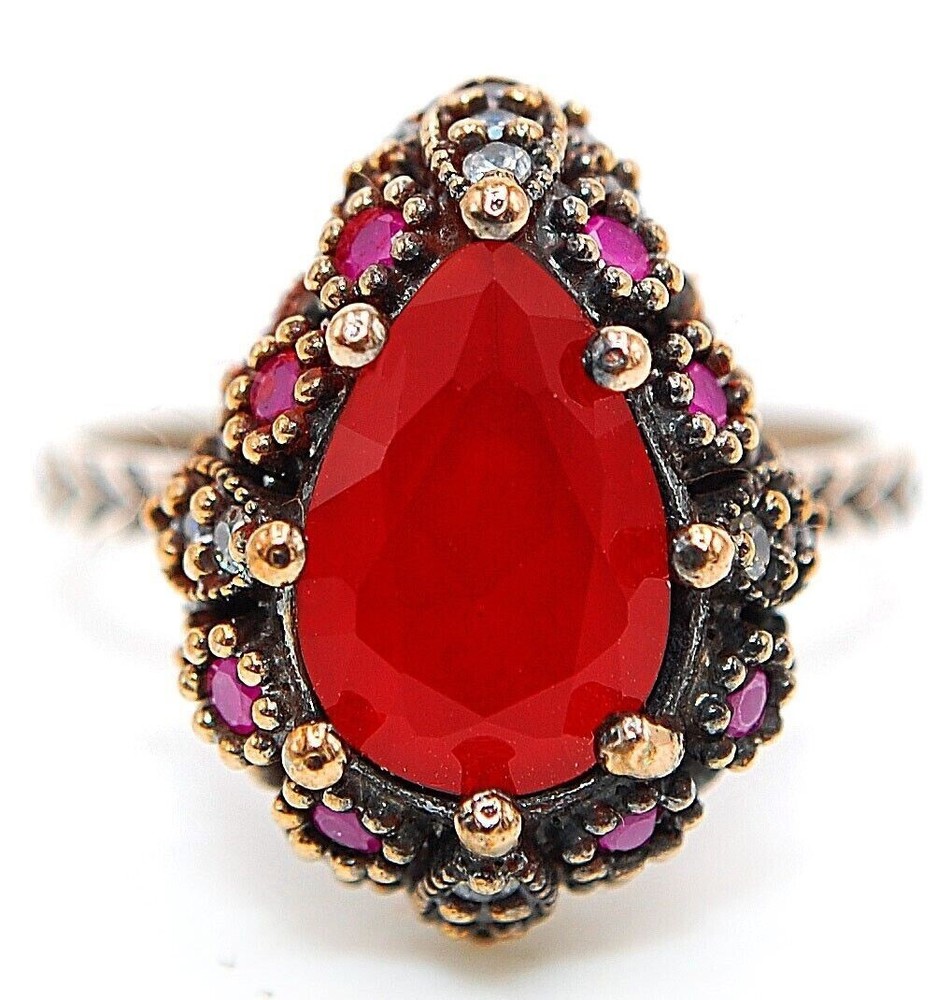 3CT Fire Garnet & Topaz Sterling Silver Ring Sz 7 Ottoman Empire Style