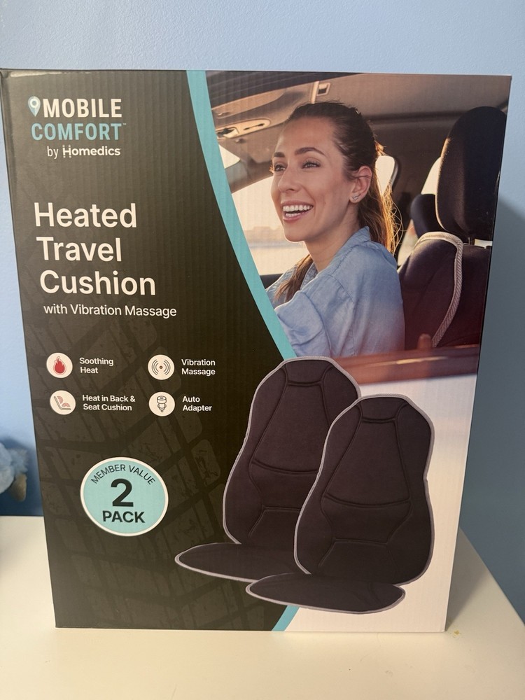Homedics Heated Travel Cushion With Vibration Massage, Black, 2pk