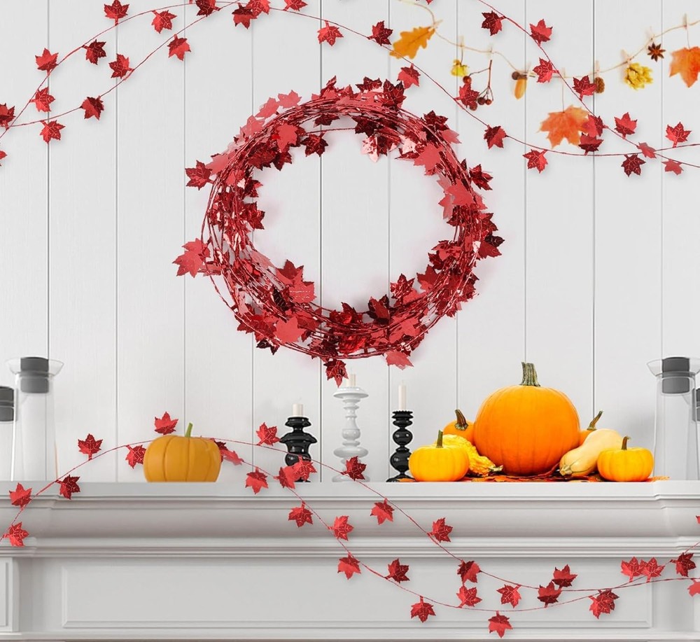 75-Foot Red Maple Leaf Wire Garland for Thanksgiving Decor