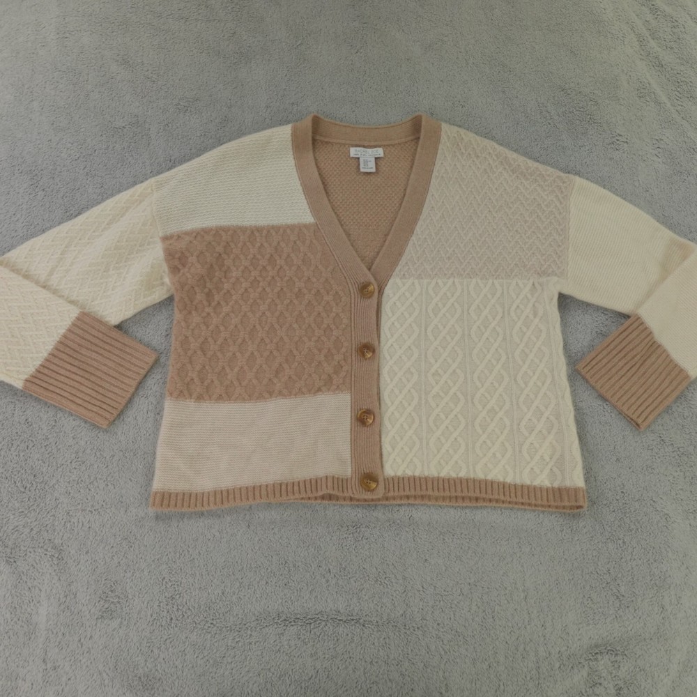 Rachel Zoe Cashmere Sweater Womens XL Beige Tan Patchwork Mixed Knit Cardigan