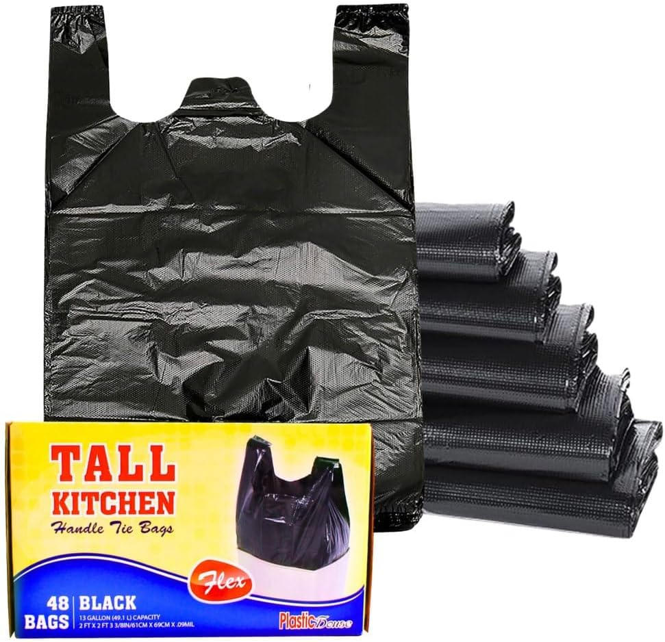 HANDLE TIE FLEX BLACK TALL KITCHEN TRASH BAGS, 13 GALLON, 48 CT