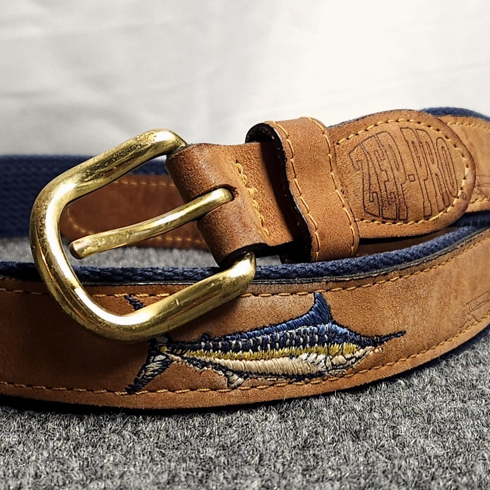 Zep-Pro Mens Marlin Embroidered Nubuck Navy Leather Belt Size 36” Made in USA