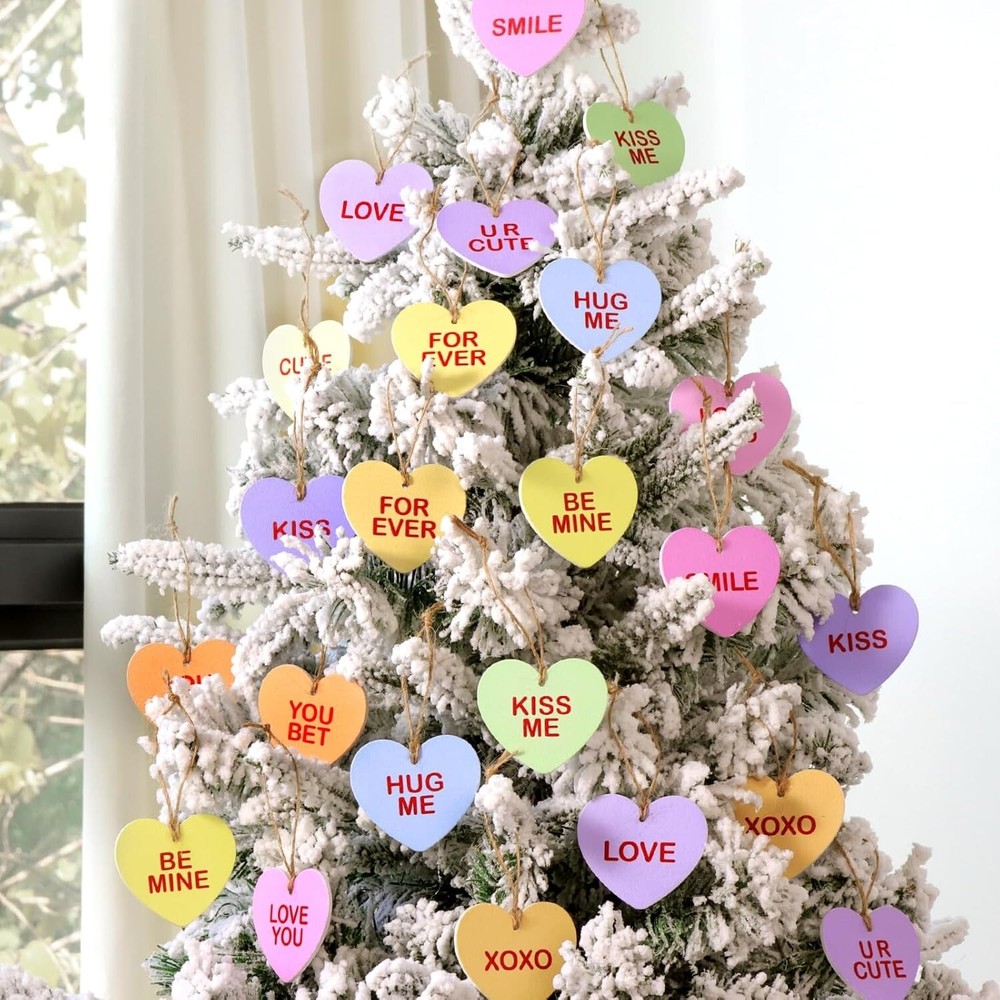 24Pcs Wooden Candy Heart Ornaments for Valentine's Day Decor
