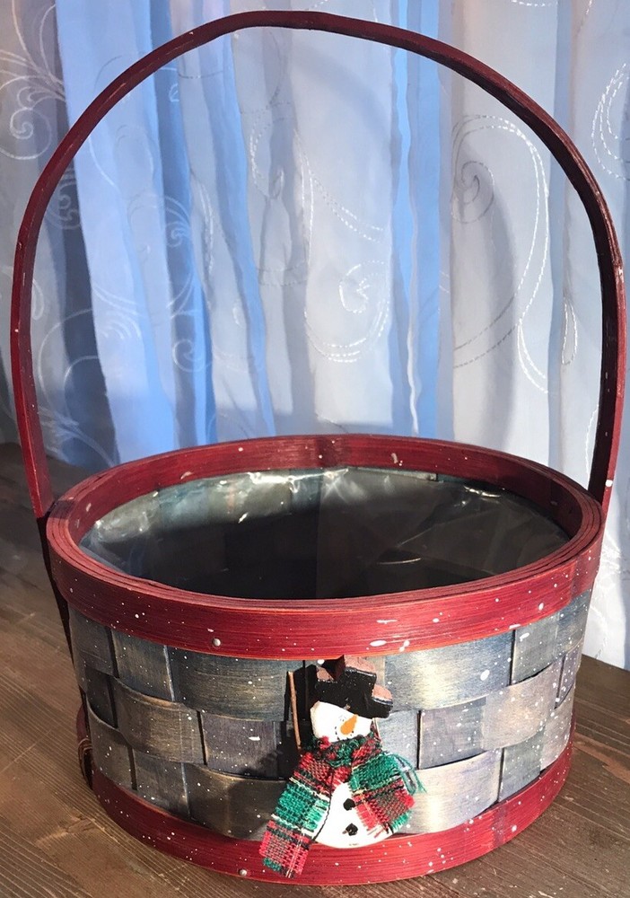 Christmas Basket Snowman Embellished Holiday Decor Wooden 3D Plastic Lined 12” T