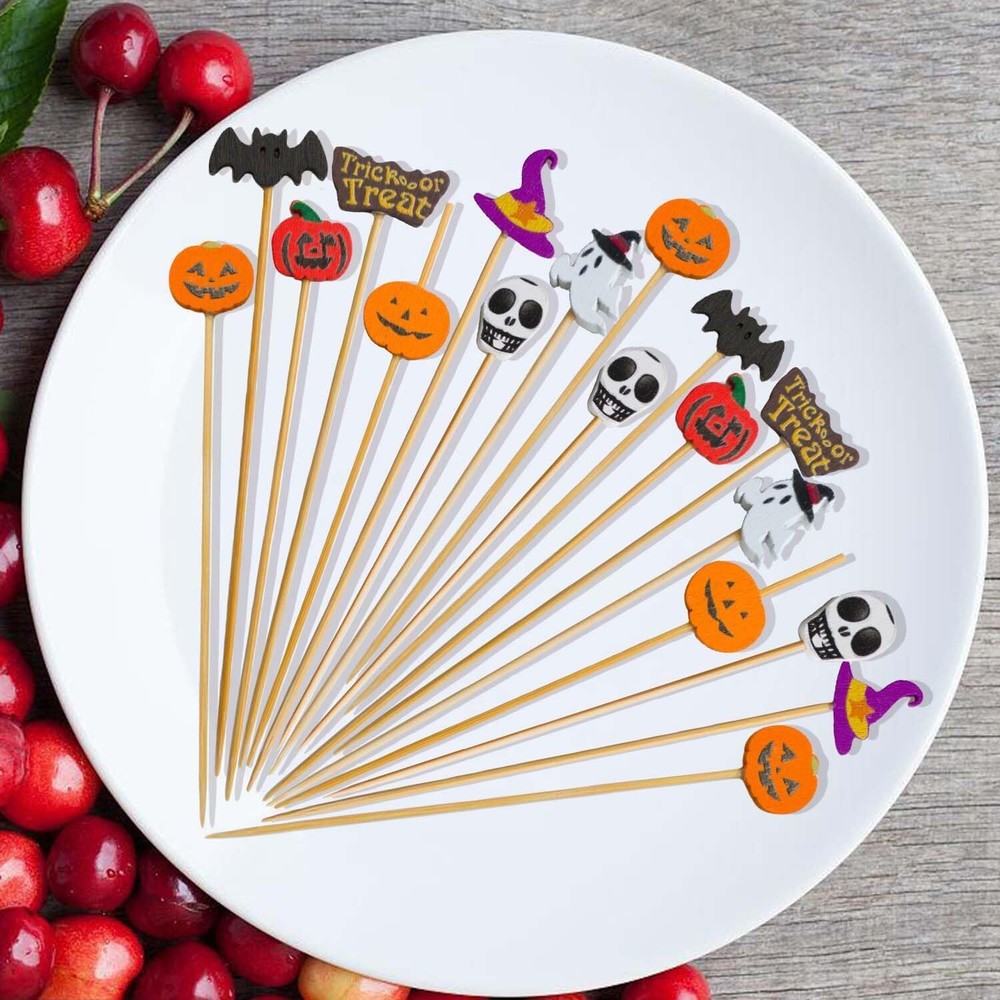 Halloween Cocktail Picks, 4.7 Inch Bamboo Toothpicks for Food, Party Decoration