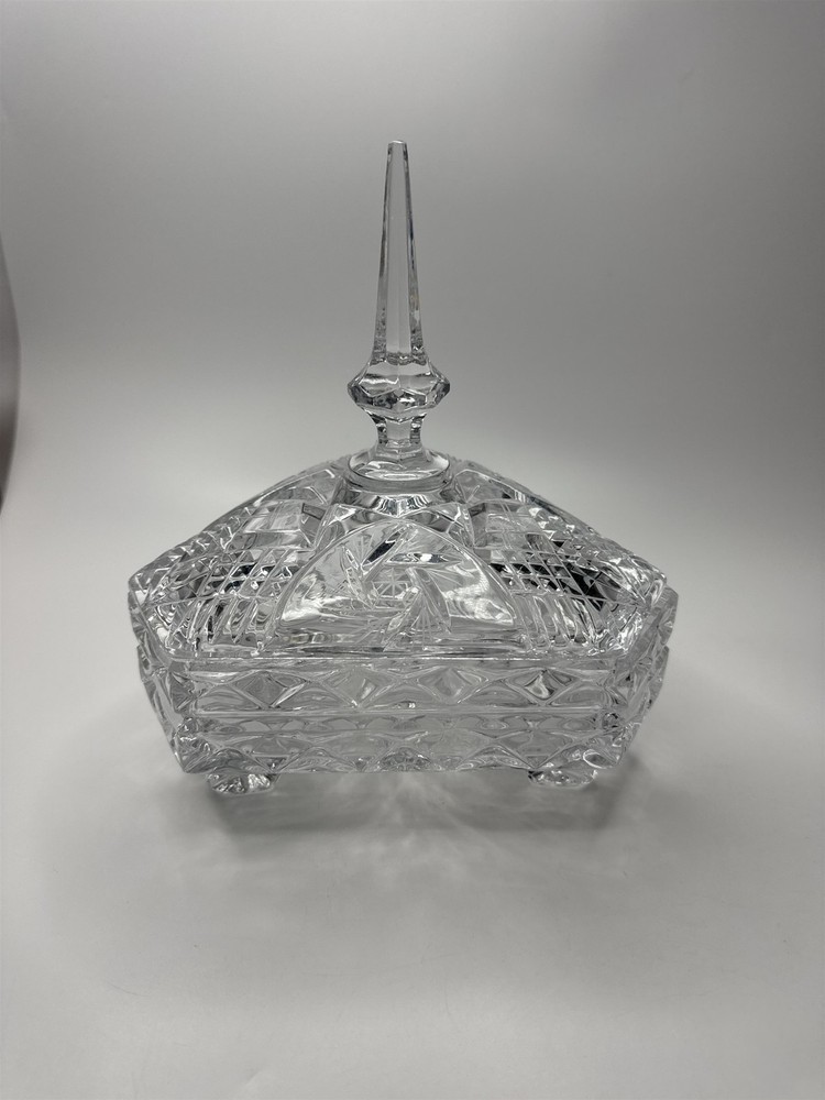 Vintage Crystal Footed Candy Dish with Tall Finial Elegant Triangle Design  
