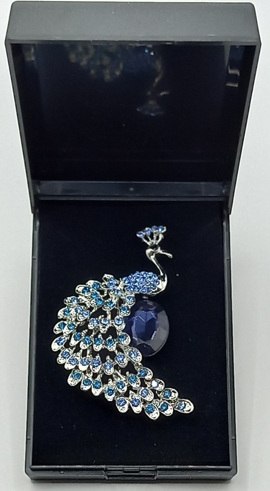 Sapphire Peacock Silver Brooch Vintage Style Diamante Brooch Pin Charm - Boxed