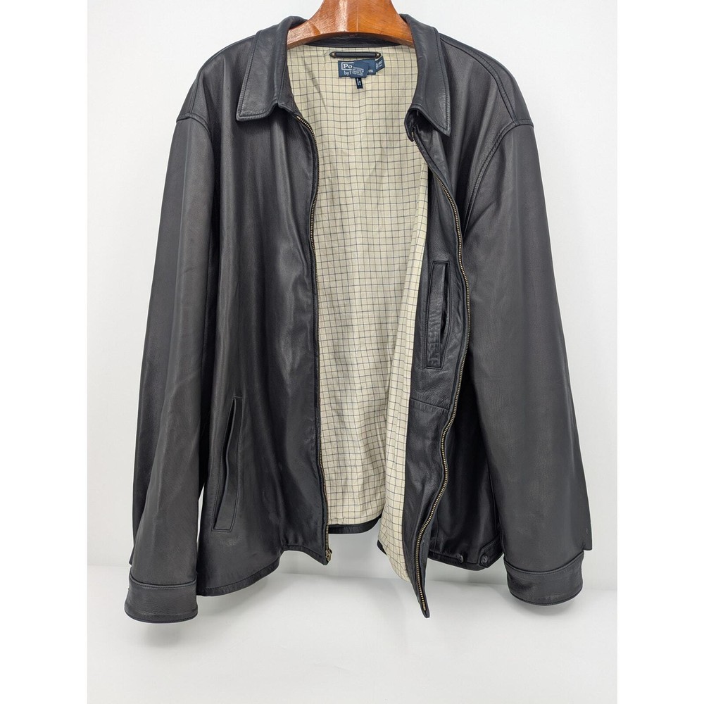 Vintage Polo Ralph Lauren Black Leather Full Zip Jacket Coat Men's 3XLT 3XL Tall