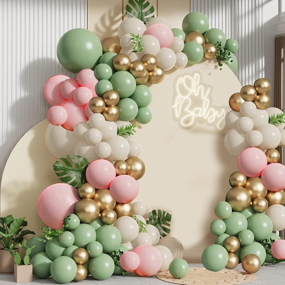Sage Green Pink Balloons Garland Kit,133pcs Olive Green Blush Pink Sand White Me