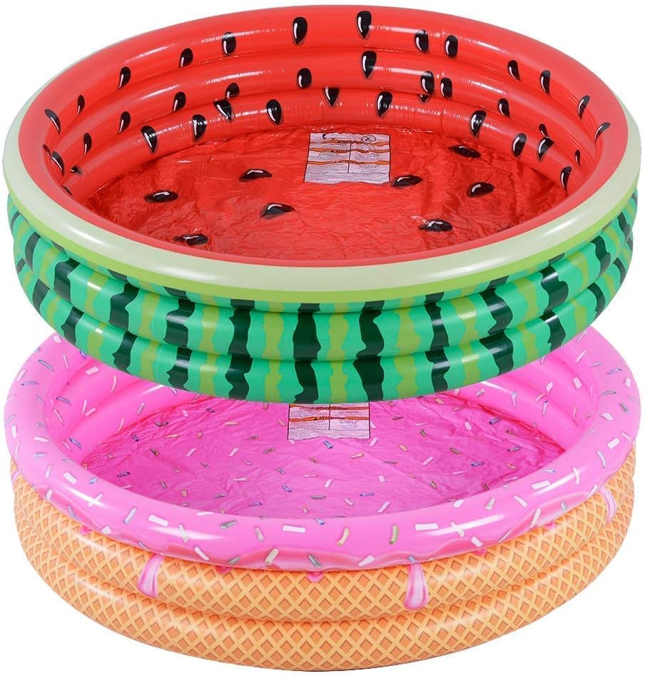 Colorful 3-Ring Inflatable Kiddie Pool with Watermelon & Ice Cream Design, 45 Inches