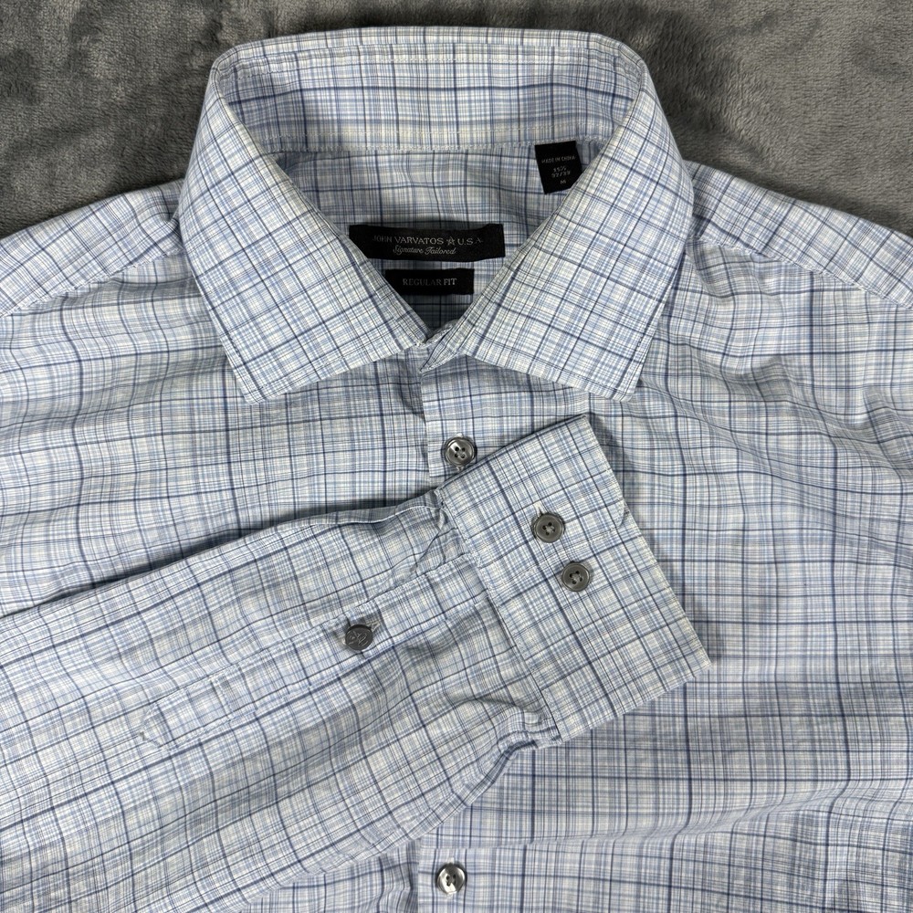 John Varvatos USA Signature Tailored Reg Fit Dress Shirt Blue Plaid 15.5 32/33