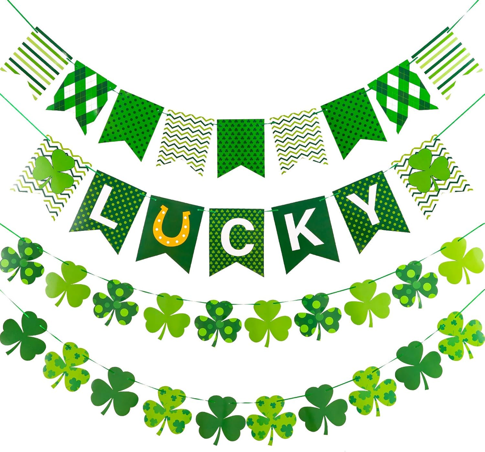 4Pcs Pre-Assembled St Patricks Day Banner Cartoon Shamrock Flag Garland Decor  