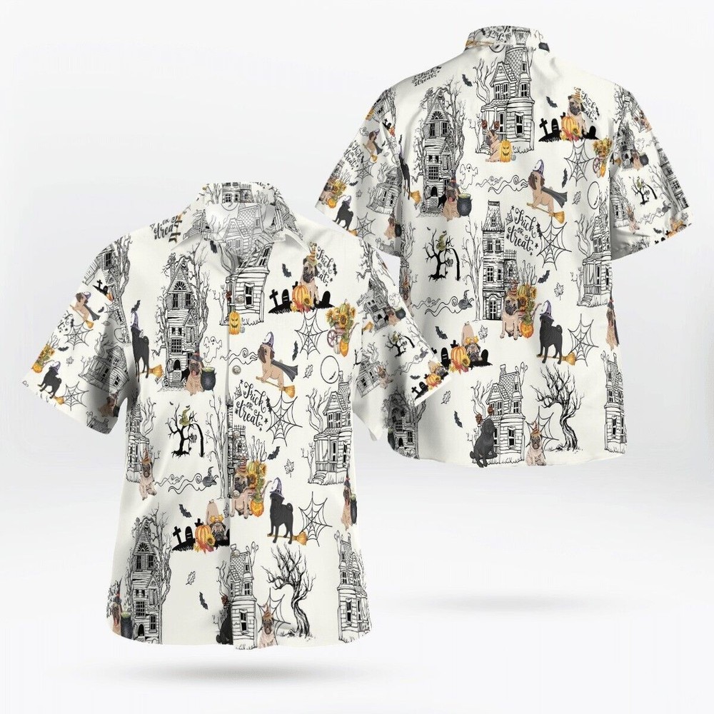 Linda Camisa Hawaiana Halloween Pumpkin Pug Perro 3D Con Bolsillos S 5XL