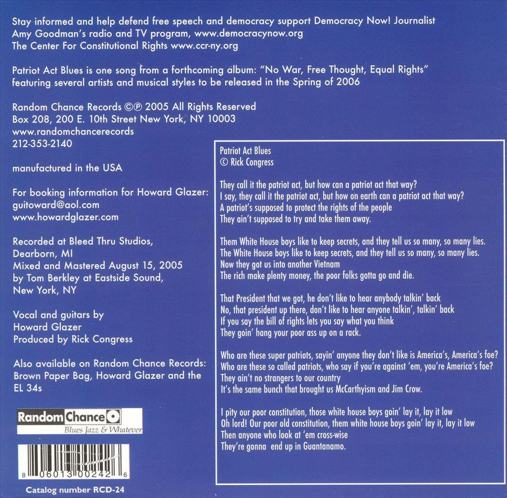 Howard Glazer They Call It The Patriot Act New CD