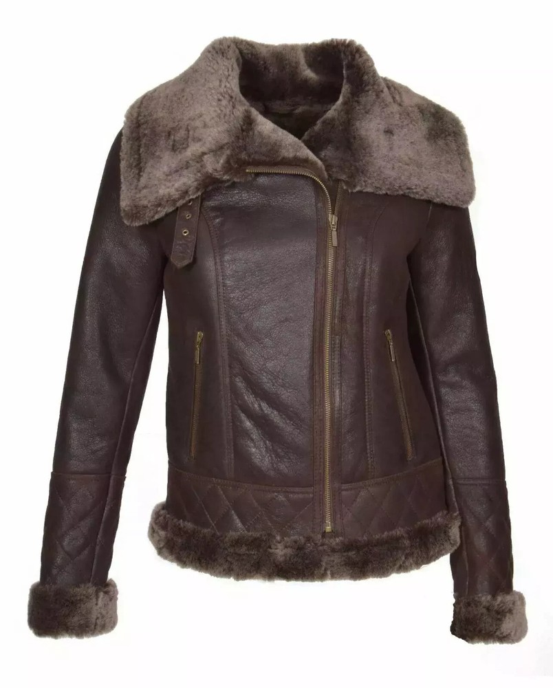Women's Real Lambskin Leather B3 Bomber RAF Brown Jacket Soft Fur Collar Jacket