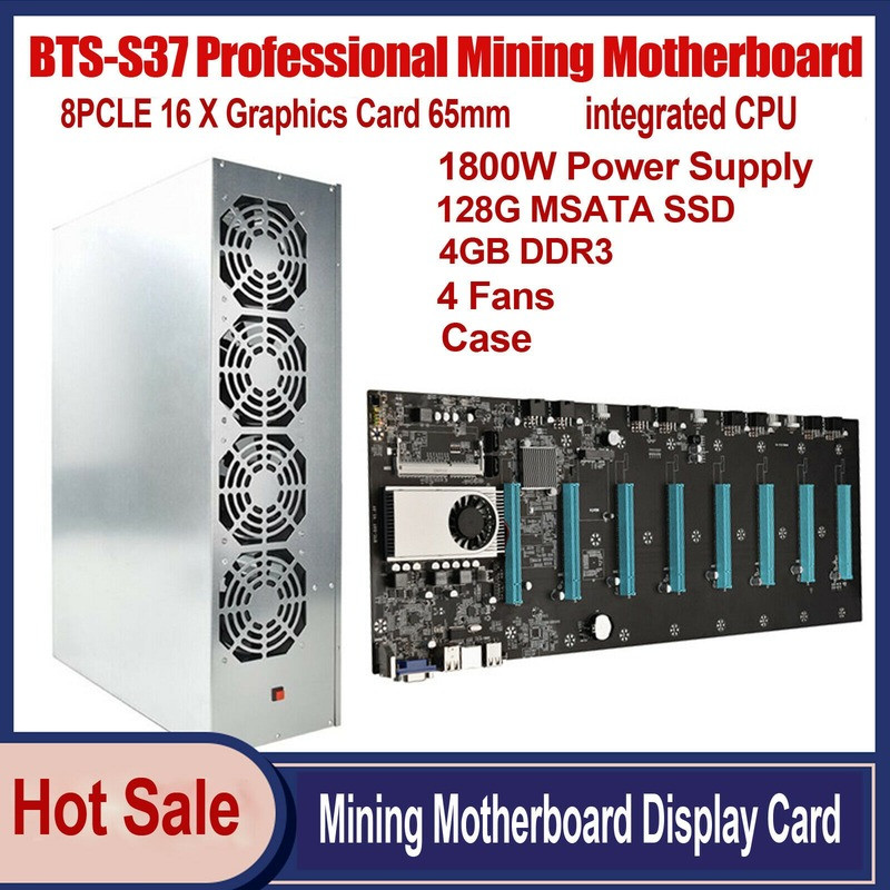 BTC-S37 Miner Motherboard+CPU+Fan+Case+8 GPU Slots DDR3 VGA Low Power Consume US