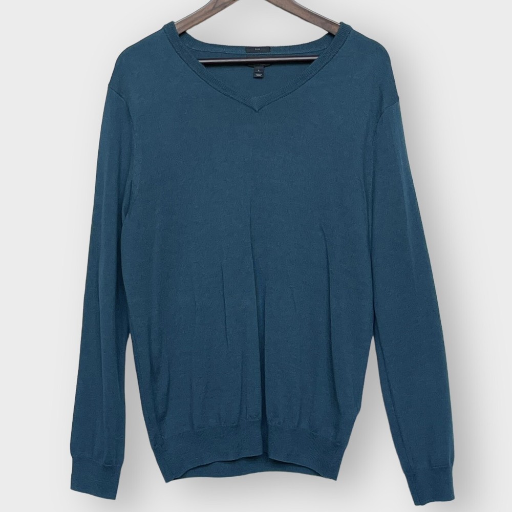 J. Crew Pullover Knit Sweater Men's Size L Slim 100% Merino Wool V-Neck D Teal