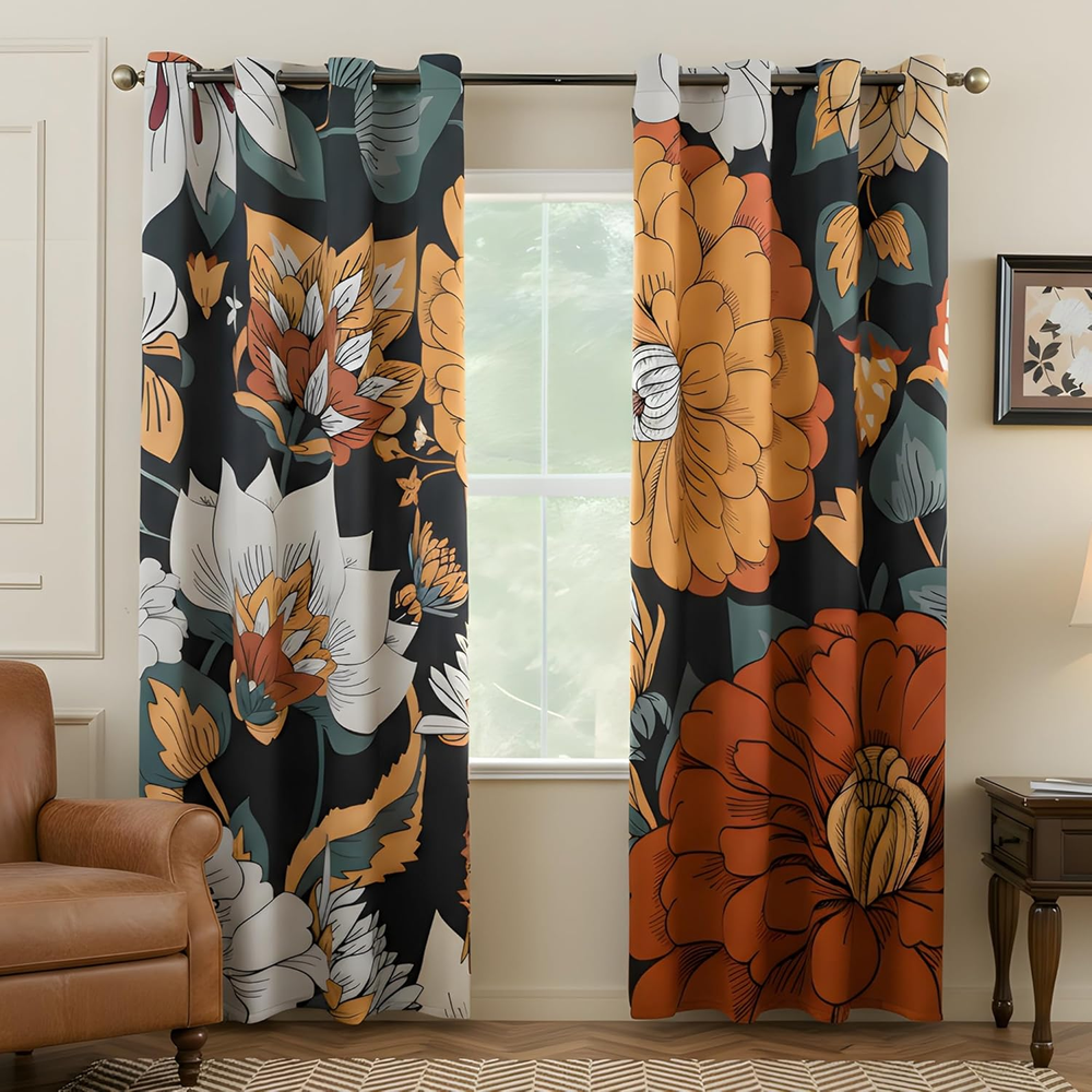 Floral Room Darkening Curtains – 80% Blackout Botanical Kitchen Curtain Drapes,