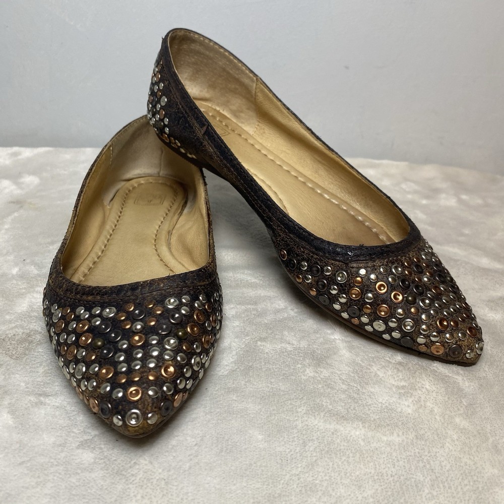 Frye Regina Studded Brown Leather Pointed Toe Ballet Flats Sz 6.5