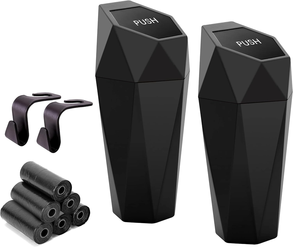 Car Cup Holder Trash Can, Leakproof Mini Trash with Lid and 90 Bags, 2 Pack for