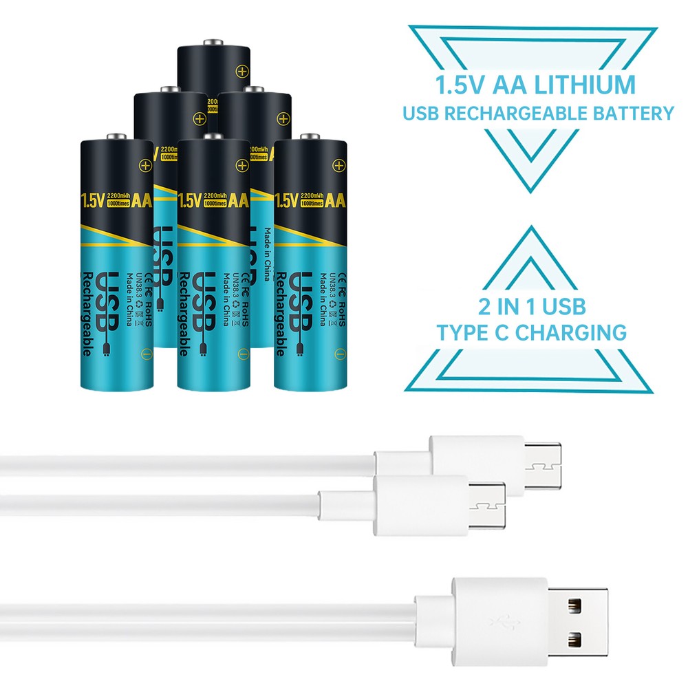 6PCS 2200mWh 1.5v Rechargeable AA Lithium Batteries USB Type C Charging for Toys