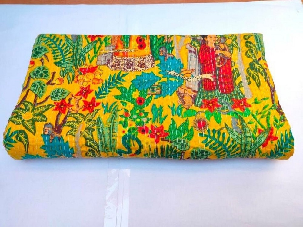 Indian Handmade Kantha Bedspread Boho Frida  Kantha Quilt Printed Throw Bedcover