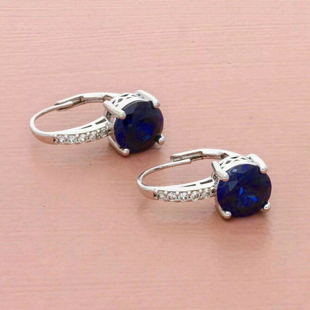 14K White Gold Plated Round Cut Blue Sapphire Simulated Drop Earrings