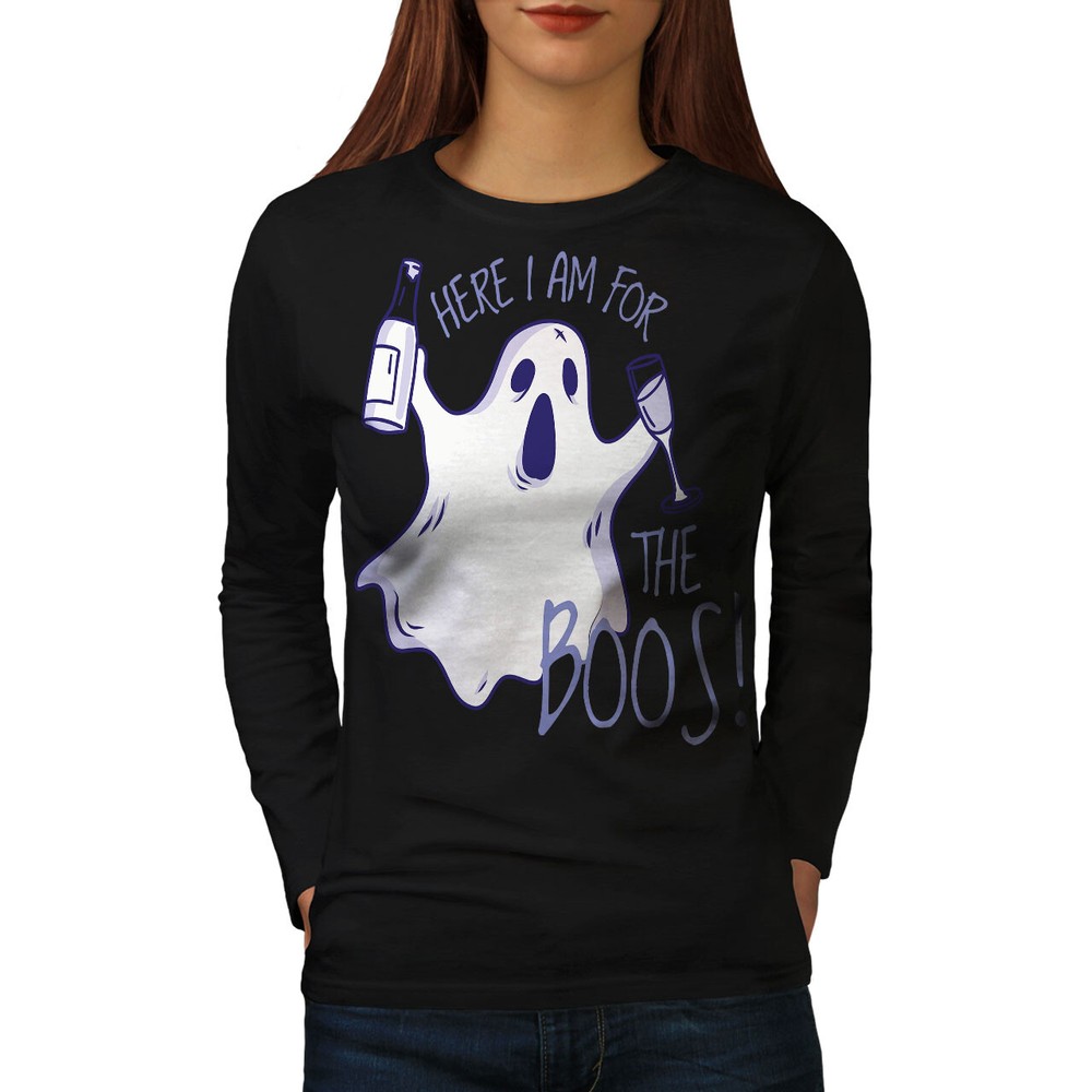 Wellcoda Here I Am For The Boos Funny Party Ghost Womens Long Sleeve T-shirt