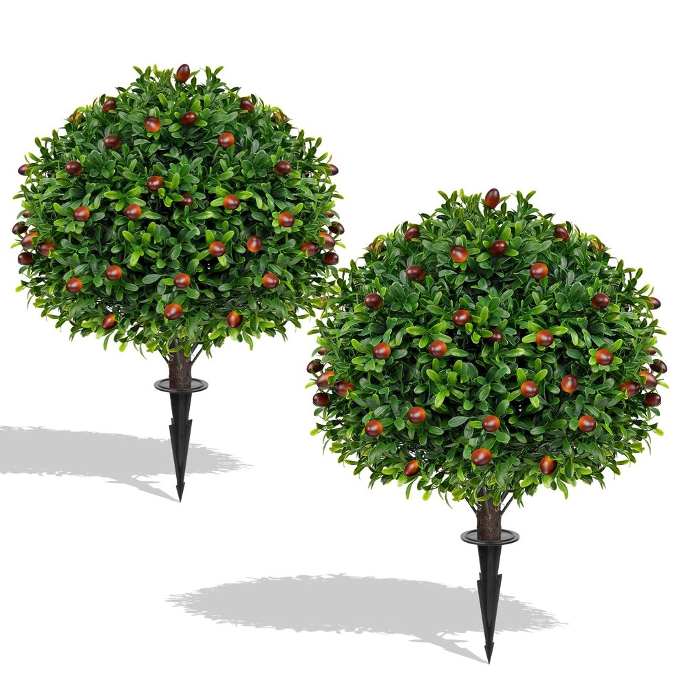 Artificial Olive Boxwood Topiary Ball Trees - 2 Pack 16in UV Resistant Fake Plants