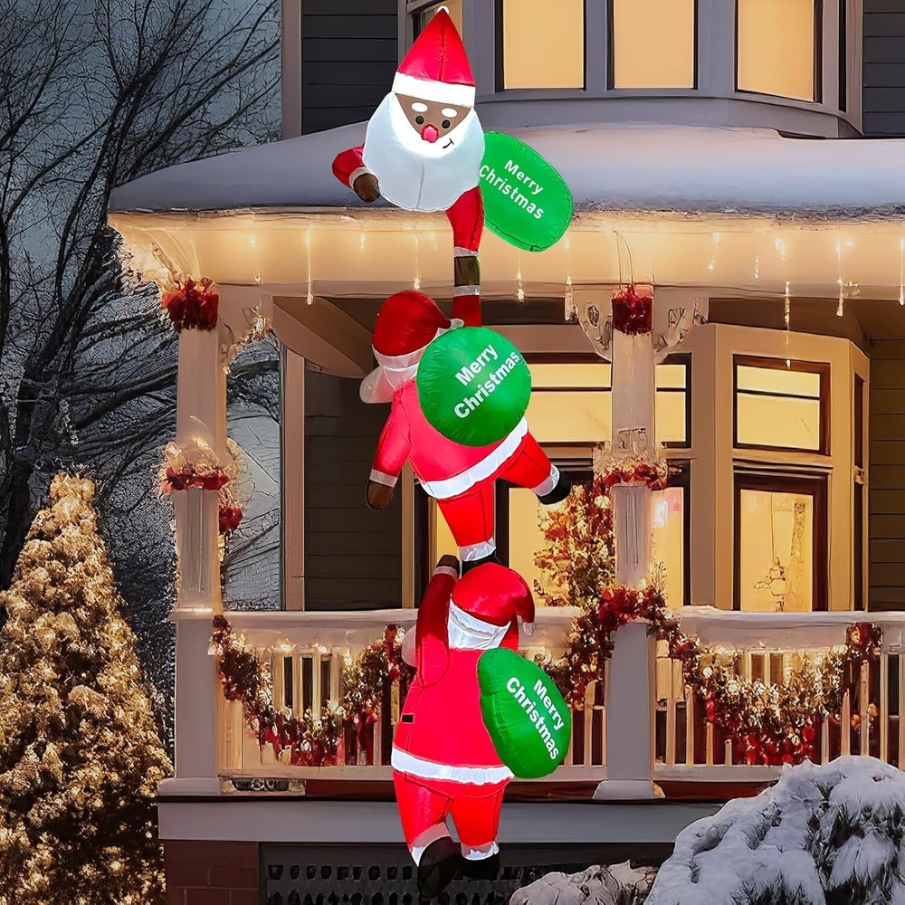 8 FT Christmas Decoration, Black Inflatable Climbing Santa Claus with LED Lights