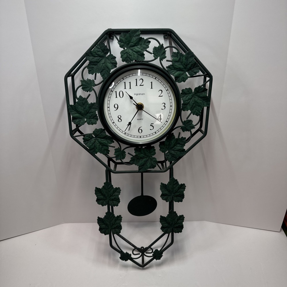 Beautiful Ingraham Metal Ivy Leaves  Design Pendulum Wall Clock TESTED