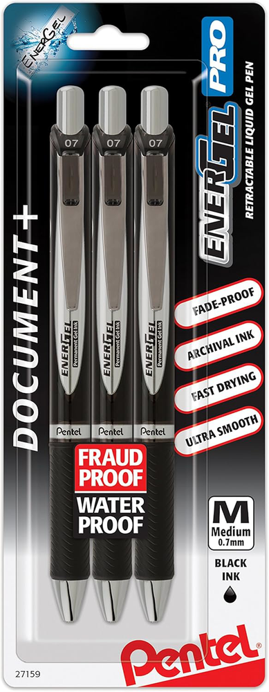 Pentel EnerGel Pro Gel Ink Pen, 0.7mm Black Ink, 3 Pack
