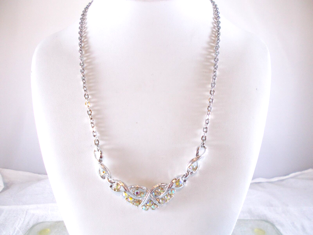 Silver Tone Ribbon Design Center with Aurora Borealis Rhinestones Necklace