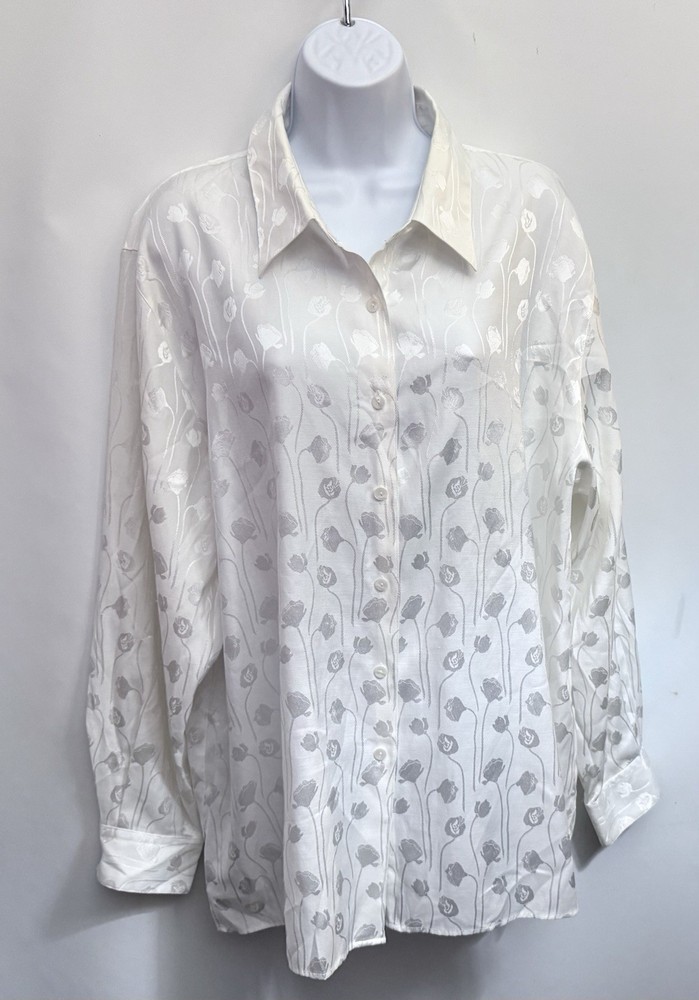 FOXCROFT Blouse Womens 18W Wrinkle Free Textured Embroidered Button Up White