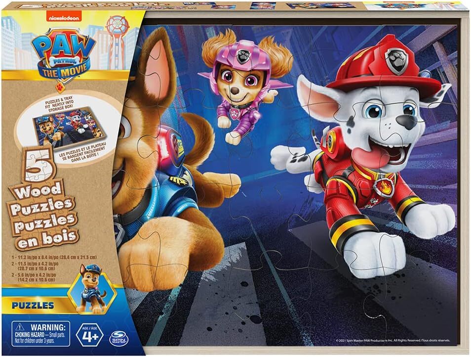 Spin Master Paw Patrol The Movie - Set of 5 Wood Puzzles with Storage Box for Ki
