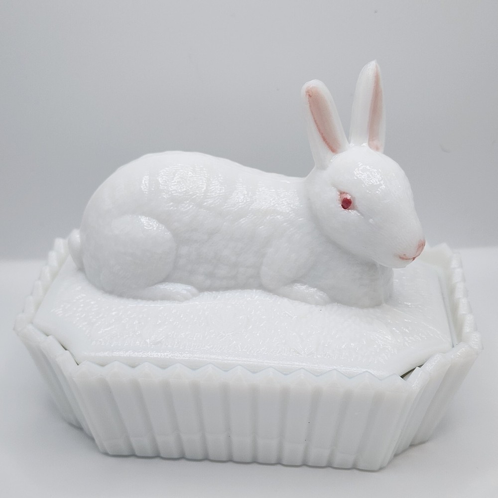 Vintage Westmoreland Pink Milk Glass Bunny Covered Dish with Eyes & Ears