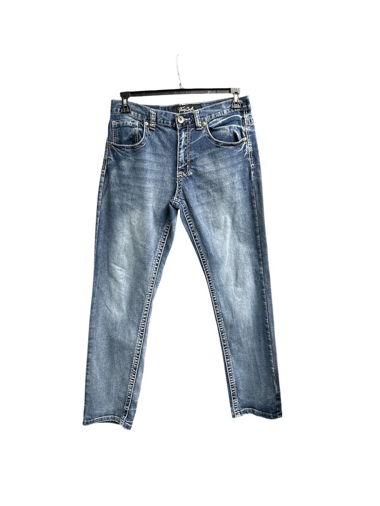 True Luck Straight Jeans Mens 32x32 Blue Denim Stretch, Embroidered pockets