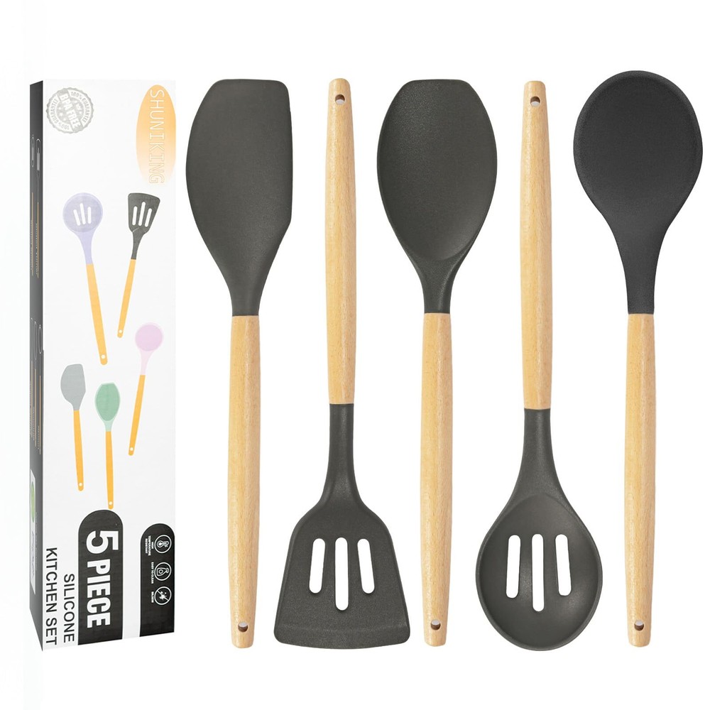 Kitchen Utensils Set, 5 Pcs Non-Stick Silicone Kitchen Cooking Utensils with ...