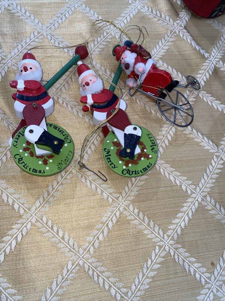 3 Kurt Adler Santa Unicycle Christmas Ornament Wooden Handmade Hand Painted