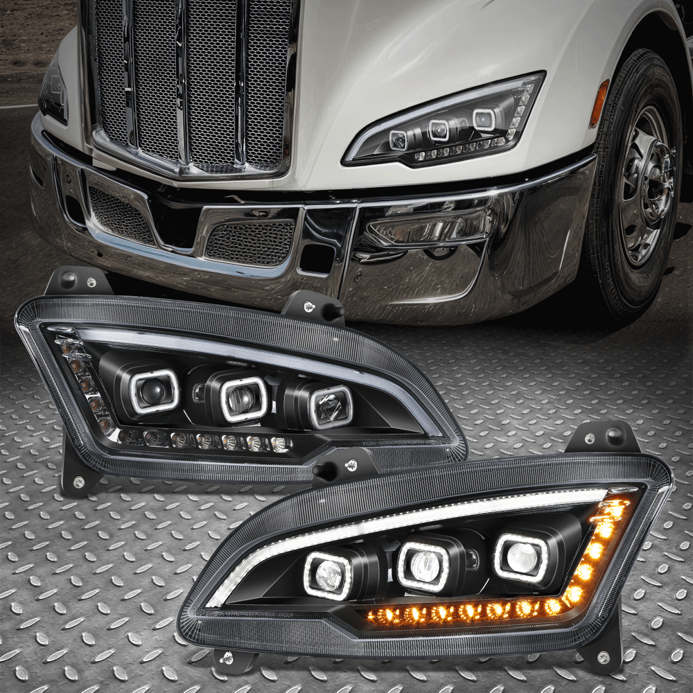 LED DRL Sequential Signal Black Projector Headlight for 22-25 Peterbilt 579