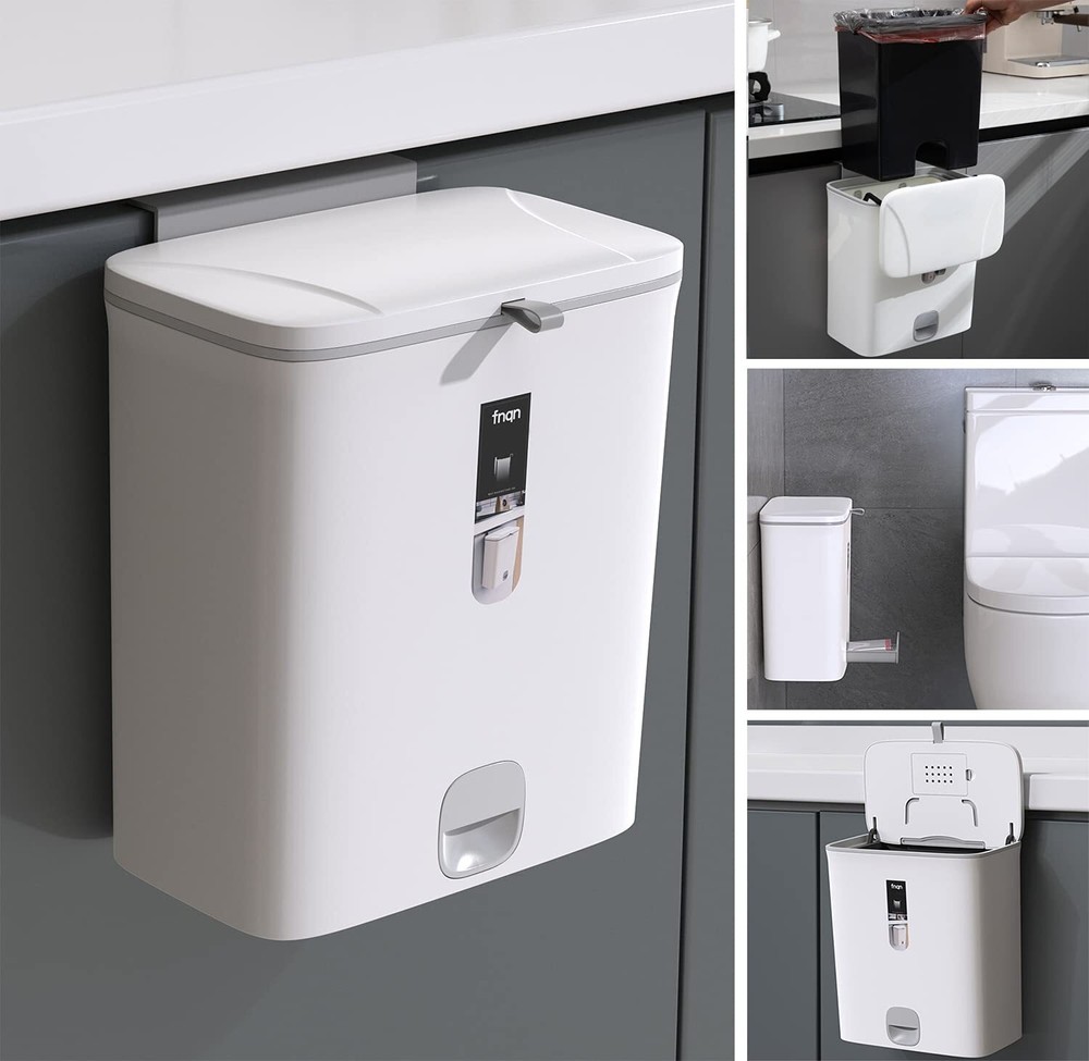 Kitchen Trash Can with Lid,2.4 Gallon Small Hanging or Standing Plastic Compo...